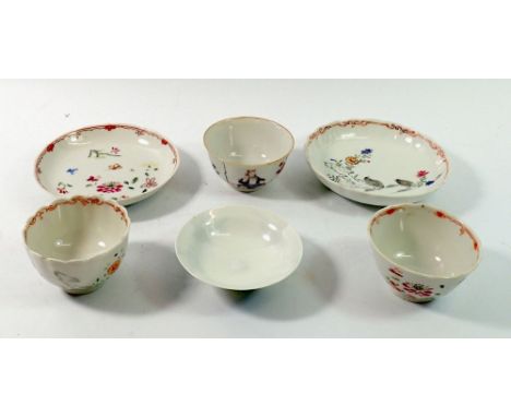 Six 18th century Chinese polychrome tea bowls and saucers including 'Quail' pattern and blue and white bowl 