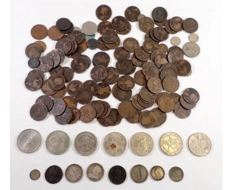A group of British pre-decimal coins including George III halfpenny 1774? and 1807, silver content Victoria florin x2 1900 an