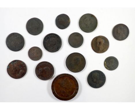 A group of copper bronze coins including George III cartwheel twopence, George II halfpennies, George I farthing etc Cond: Po