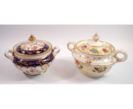 An early 19th century John Rose Coalport sucrier painted flowers on a blue and gilt ground and an early 19th century one pain