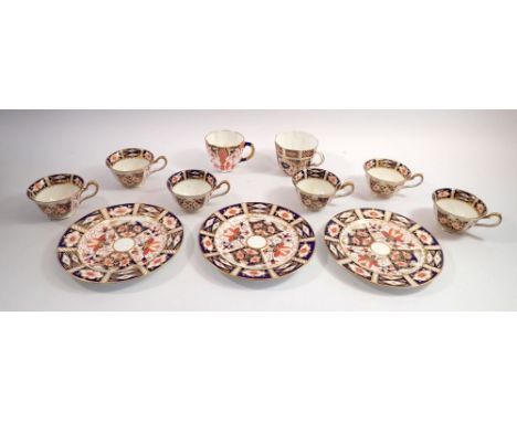 A set of six Royal Crown Derby Imari small cups pattern no. 2491 and three similar tea plates plus two other cups (no saucers