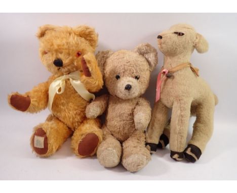 A Chad Valley vintage mohair teddy bear, 38cm, an old blonde teddy bear and a soft toy lamb 