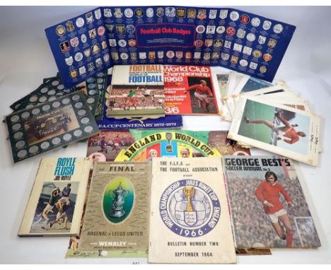 A group of football memorabilia including Esso FA cup centenary coin set 1972, Typhoo Tea prints, World Cup 1966 bulletin etc