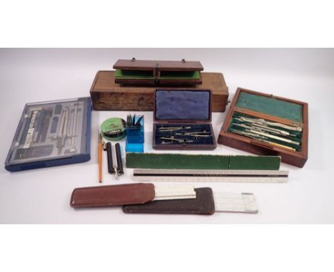 A box of vintage drawing equipment and a Britometer sphygmometer 