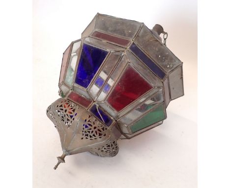 A Victorian large copper and stained glass hall lantern 62cm tall 