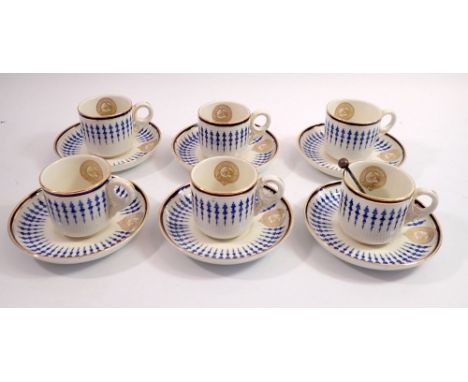 A Mappin &amp; Webb Jockey Club set of six coffee cups and saucers with blue decoration - good condition