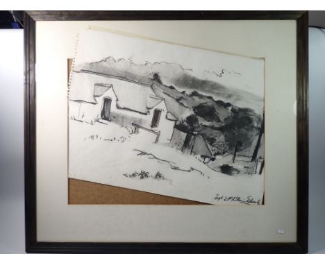 Katherine Edwards - black pastel sketch cottage in landscape, 42 x 55cm 