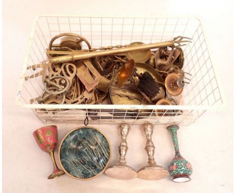 A box of brass ware including balance scale, trivets etc. 
