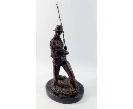 A bronze finish figure of a fisherman after Milo on marble base, 41cm tall 