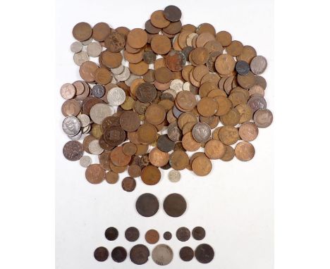 A group of pre-decimal British coins including George III silver half crown and various copper bronze coins, George I - Eliza