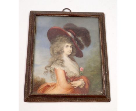 A 19th century painted on ivory miniature portrait of lady in the style of Gainsborough signed indistinctly, 11 x 9cm Ivory C