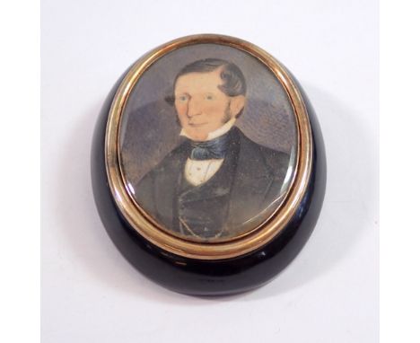 A Victorian watercolour miniature portrait of a man mounted as a brooch, 6 x 5cm 