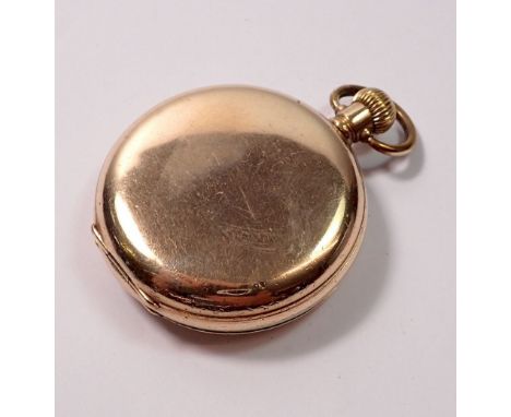 A Swiss jewelled rolled gold full hunter pocket watch in a Dennison case with Arabic dial 