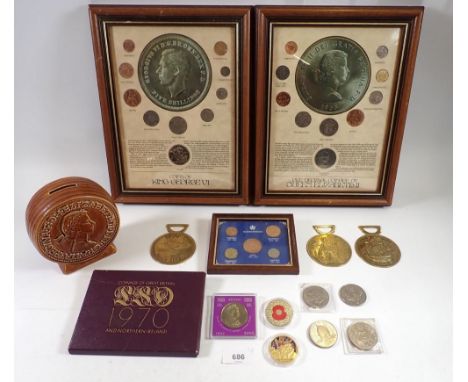 A miscellaneous coin group including framed coins of King George VI and framed pre-decimal coinage of Queen Elizabeth II, sel