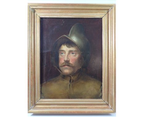 A Victorian oil on canvas of a 17th century cavalier wearing a helmet, 45 x 34.5cm 