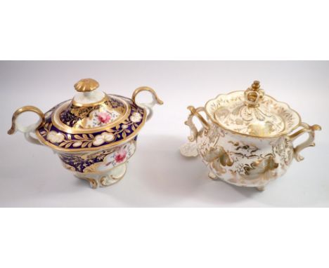 An early 19th century Rockingham sucrier painted grey and gilt foliage and a Hicks, Meigh &amp; Johnson sucrier painted flowe