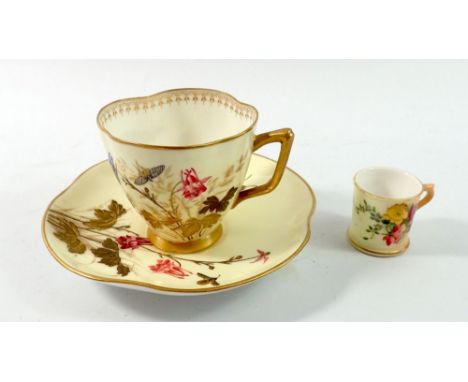 A Royal Worcester cup and saucer painted flowers and butterfly (hairline to cup) and a miniature ivory blush floral tankard 