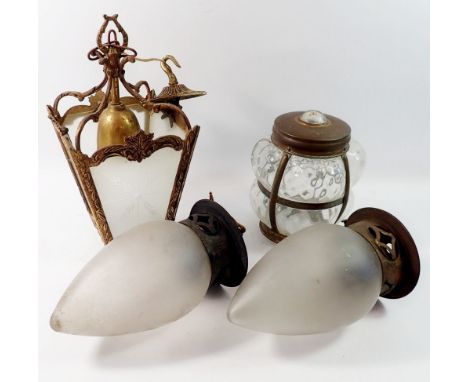 Three vintage glass light fittings and one glass and metal bound shade 