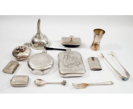 A group of silver plated collectables including wine funnel and spirit flask 