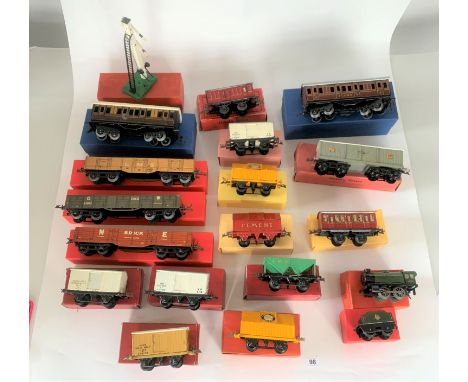 Boxed Hornby Trains ‘O’ gauge No. 2 Double Arm Signal, Refrigerator vans, Cement wagons, Hopper wagons, Coaches, guards vans,