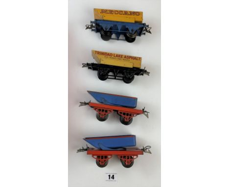 4 Hornby ‘O’ gauge Rotary Tipping Wagons – Yellow Meccano 1931, Trinidad Lake Asphalt 1949 and 2 x blue 1935