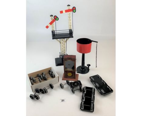 Gauge ‘1’ water tank/signal double arm, roller driven notice board cabinet, 2 x 6 wheel bogies, 1 x 4 wheel bogie and 10 pair