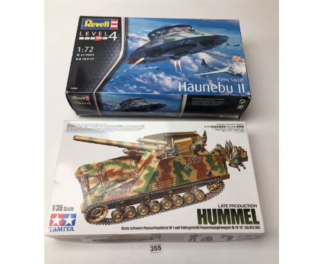 2 model kits – Tamiya German Heavy Self-Propelled Howitzer Hummel (Late Production) and Revell Flying Saucer Haunebu II