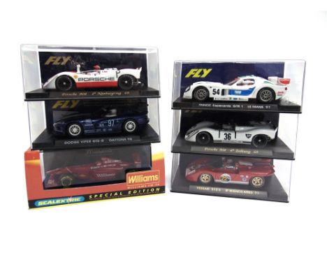 SIX ASSORTED SLOT RACING CARS  by Fly (5) and Scalextric (1), including a Ferrari 512S, Porsche 908 and Panoz Esperante GTR1,