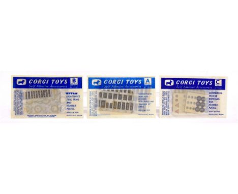 THREE CORGI TOYS SELF ADHESIVE ACCESSORIES PACKS  comprising A (number plates, road fund licences, 'GB' plates and 'running i