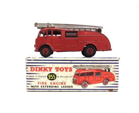 A DINKY NO.955, FIRE ENGINE  red with a silver ladder and red grooved hubs, unglazed, generally good condition (lacking ladde
