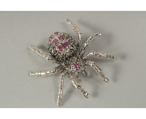 A silver ruby set spider brooch in a box.