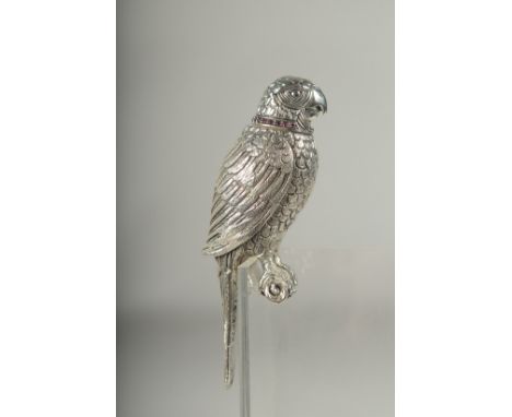 A parrot perfume bottle with ruby collar, 9cm.