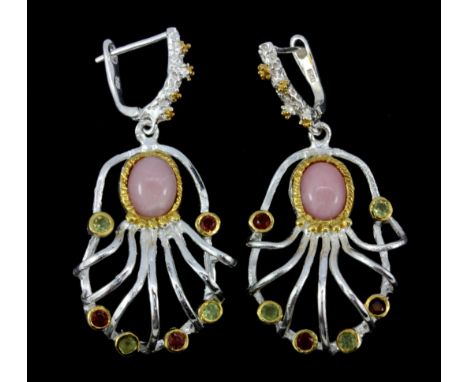 A pair of Hana Maae designer 925 silver gilt drop earrings set with pink opal peridot and tourmalines, L. 5cm.