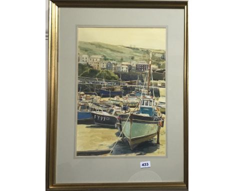 A large framed watercolour of boats in a harbour signed R. Tucker, 53 x 68cm.