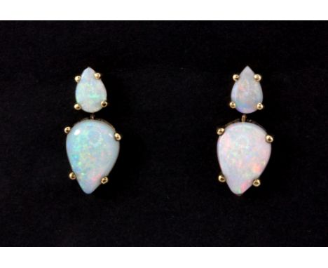 A pair of 9ct yellow gold opal set drop earrings, L. 1.7cm.