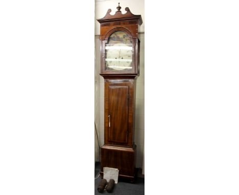 An 18th/ early 19th Century painted dial and inlaid mahogany longcase clock, H. 231cm.