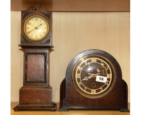 An oak miniature longcase clock, H. 38cm, and an oak mantle clock.