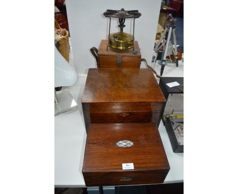 Mother of Pearl Inlaid Wood Box, Oak Box &amp; Brass Primer Stove in Original Oak Carry Case