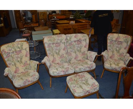 Ercol Medium Oak Three Piece Suite Comprising of Two Seater Sofa, Two Armchairs &amp; Footstools - Tapestry Upholstery Featur