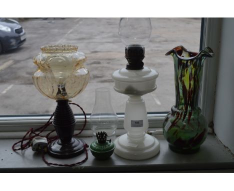 Glass Oil Lamp, Electric 1930 Bakelite Lamp &amp; Glass Vase