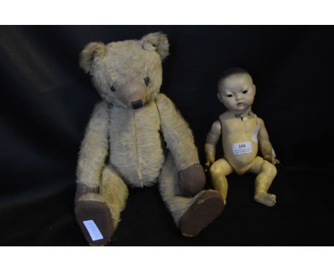 Early Jointed Hump Back Teddy Bear &amp; German Bisque Doll - Some Faults