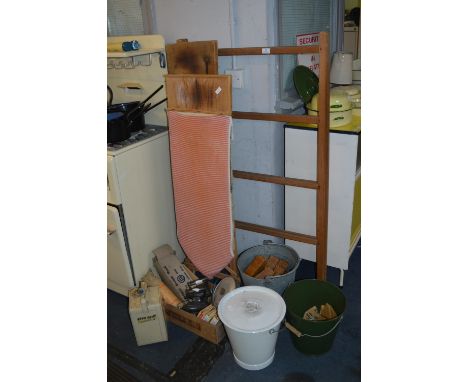 Laundry Items including Ironing Board, Clothes Horse, Enameled &amp; Galvanised Buckets, Irons etc