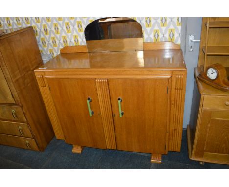 Light Oak Art Deco Sideboard with Green &amp; Chrome Bakelite Handles