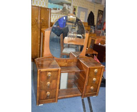 Matching Art Deco Walnut Veneered Dressing Table with Glass Doored Cabinet &amp; Bevel Edged Mirror 