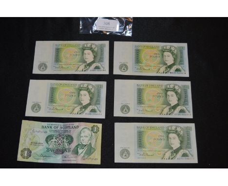 Five Bank of England £1 Notes &amp; One Bank of Scotland £1 Note