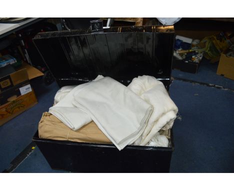 Black Painted Tin Trunk Containing Vintage Bedding