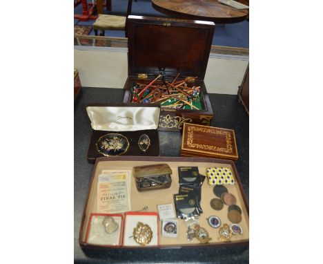 Brass Inlaid Jewelry Box Containing Lace Bobbins plus Military Cap Badges, Coins &amp; 1950s F.A Cup Final Tickets