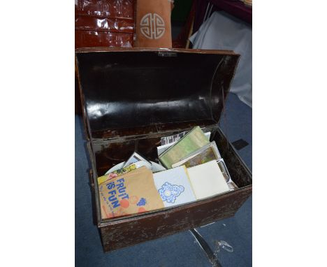 Painted Dome Topped Tin Trunk Containing Vintage Items - Handkerchiefs etc