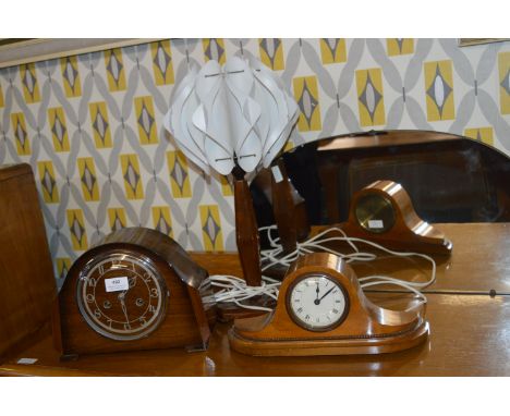 Two 1930s Mantel Clocks &amp; Wooden Table Lamp