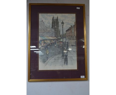 Framed Pencil &amp; Watercolour Sketch of a Market Town